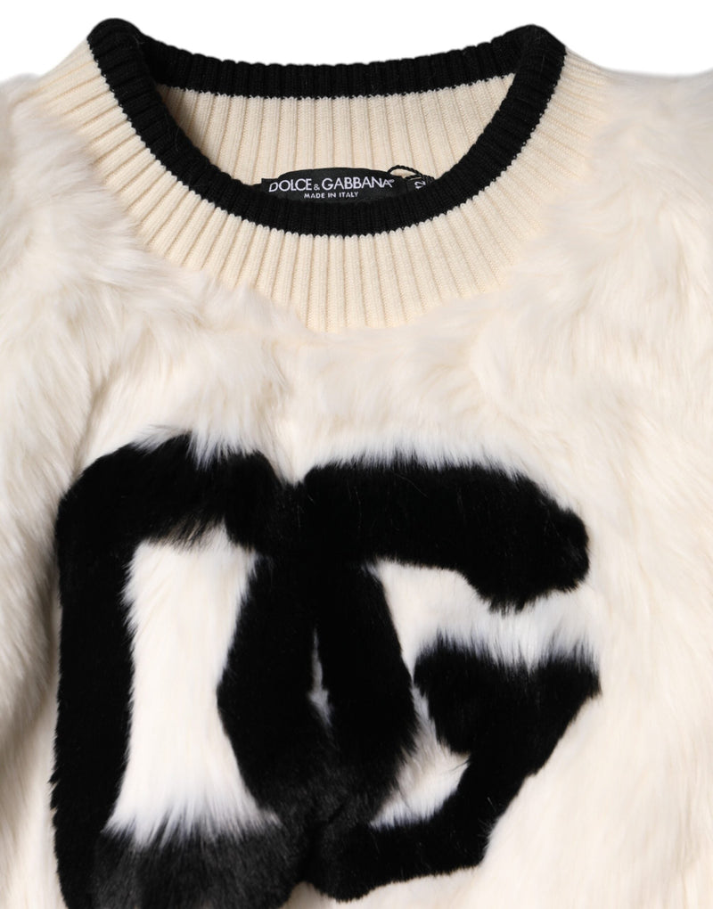 White Cropped Faux Fur DG Sweatshirt Sweater Dolce & Gabbana
