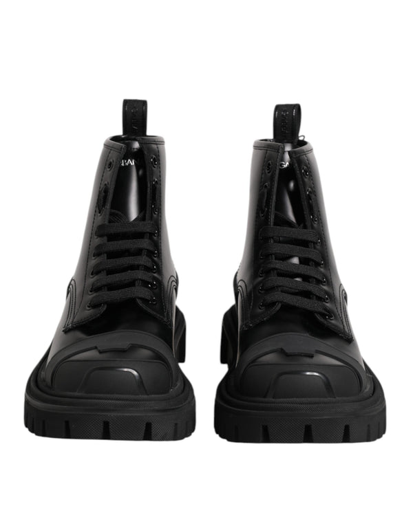 Black Leather Lace Up Mid Calf Boots Shoes Dolce & Gabbana