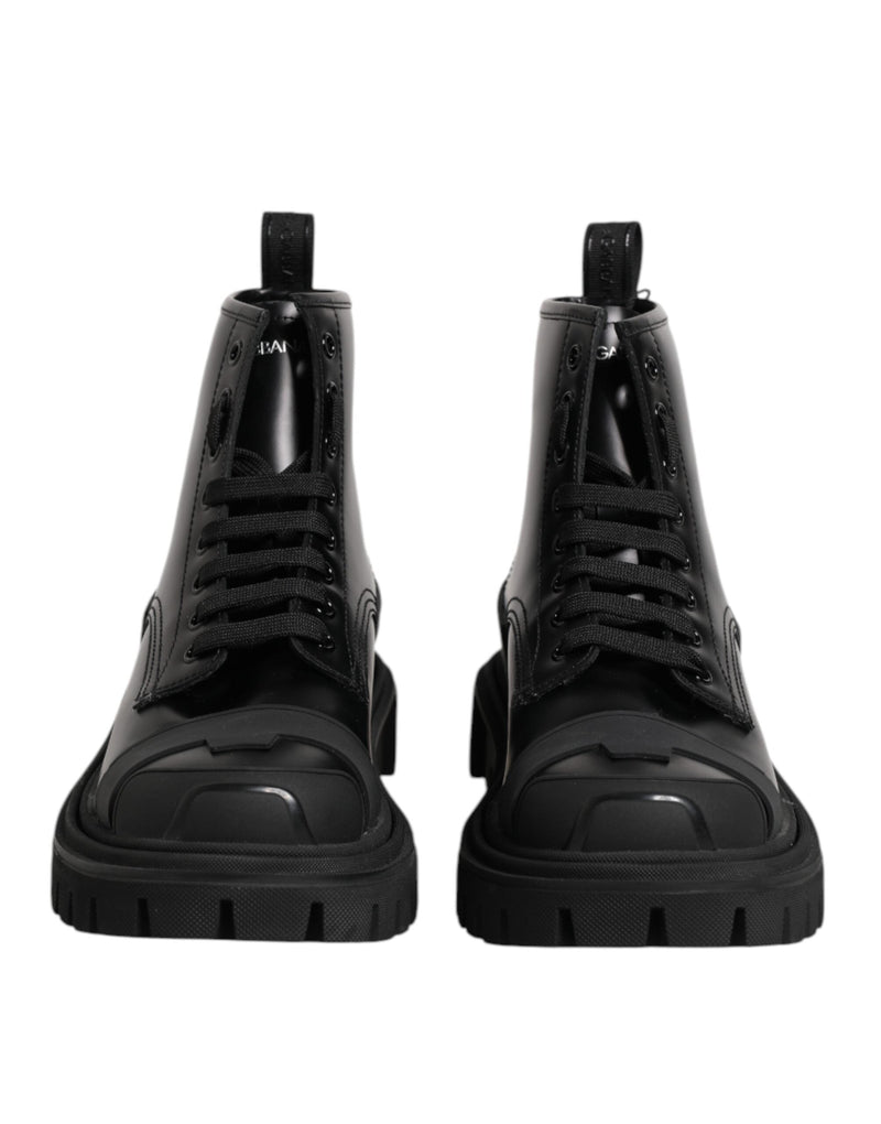 Black Leather Lace Up Mid Calf Boots Shoes Dolce & Gabbana