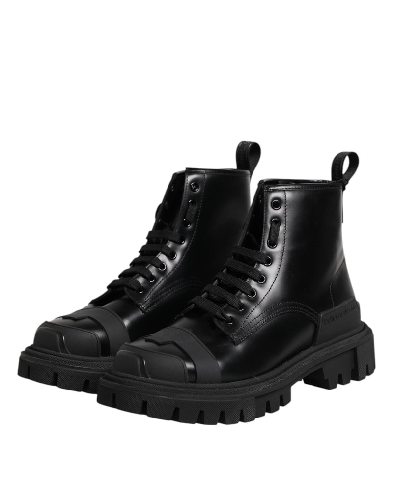 Black Leather Lace Up Mid Calf Boots Shoes Dolce & Gabbana
