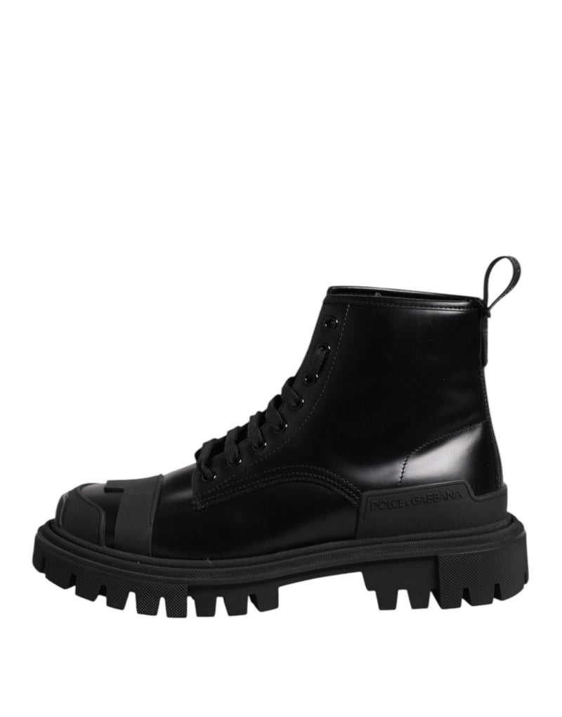 Black Leather Lace Up Mid Calf Boots Shoes Dolce & Gabbana