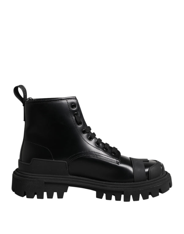 Black Leather Lace Up Mid Calf Boots Shoes Dolce & Gabbana