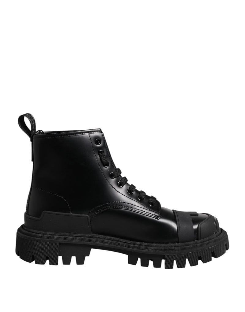 Black Leather Lace Up Mid Calf Boots Shoes Dolce & Gabbana