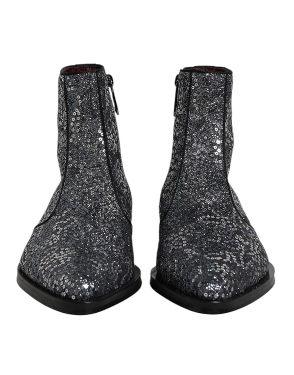 Dark Gray Cotton Sequined Chelsea Boots Shoes Dolce & Gabbana