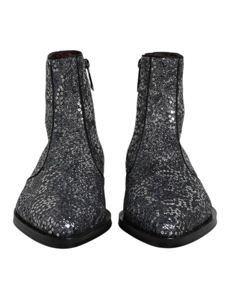 Dark Gray Cotton Sequined Chelsea Boots Shoes Dolce & Gabbana