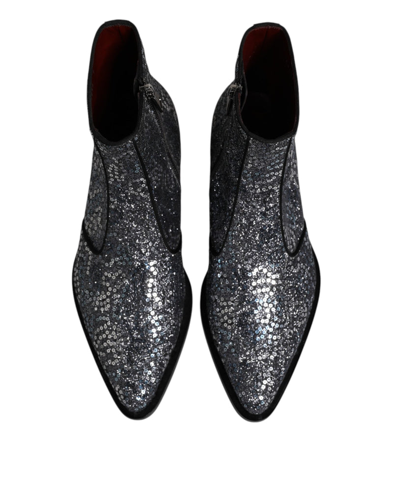 Dark Gray Cotton Sequined Chelsea Boots Shoes Dolce & Gabbana