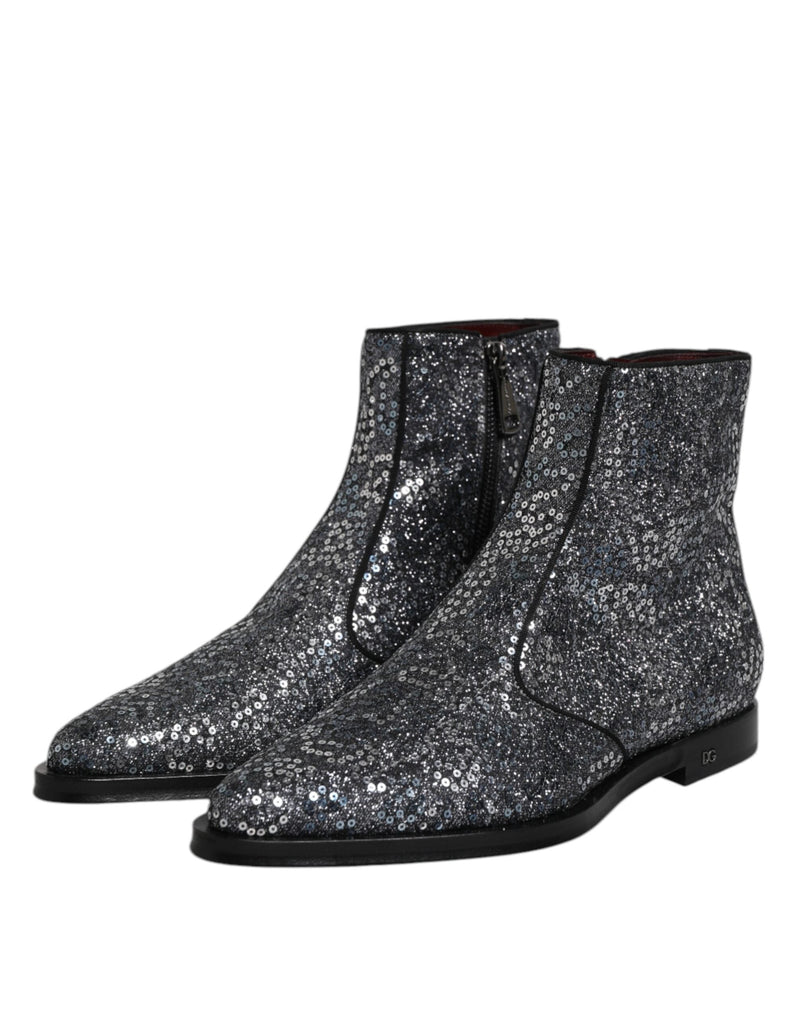 Dark Gray Cotton Sequined Chelsea Boots Shoes Dolce & Gabbana