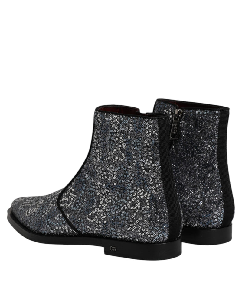 Dark Gray Cotton Sequined Chelsea Boots Shoes Dolce & Gabbana