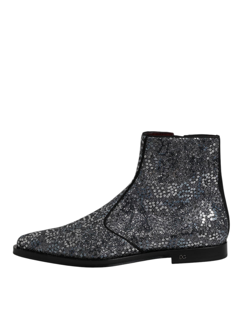 Dark Gray Cotton Sequined Chelsea Boots Shoes Dolce & Gabbana