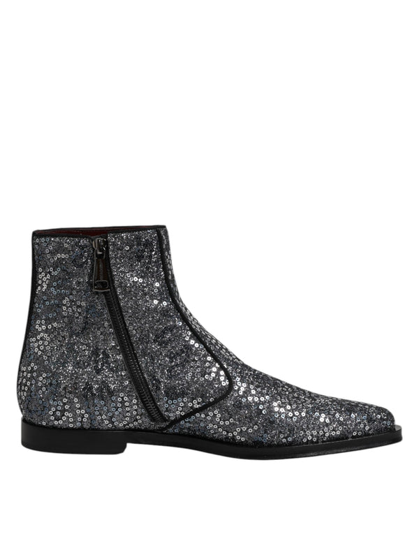 Dark Gray Cotton Sequined Chelsea Boots Shoes Dolce & Gabbana