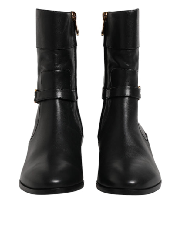 Black Leather Flats Logo Short Boots Shoes Dolce & Gabbana