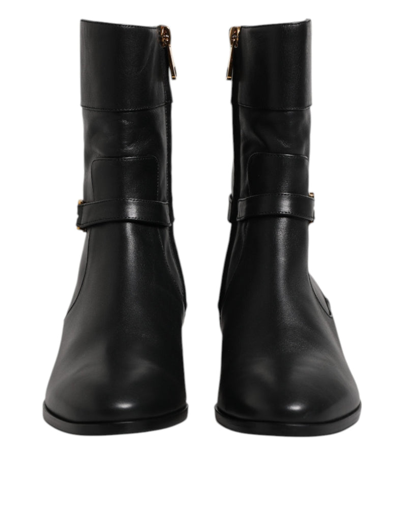 Black Leather Flats Logo Short Boots Shoes Dolce & Gabbana