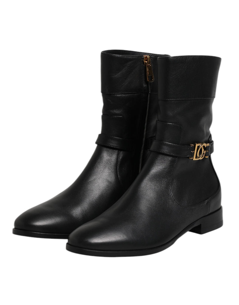 Black Leather Flats Logo Short Boots Shoes Dolce & Gabbana