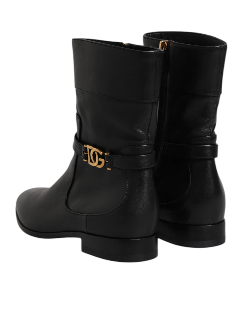 Black Leather Flats Logo Short Boots Shoes Dolce & Gabbana