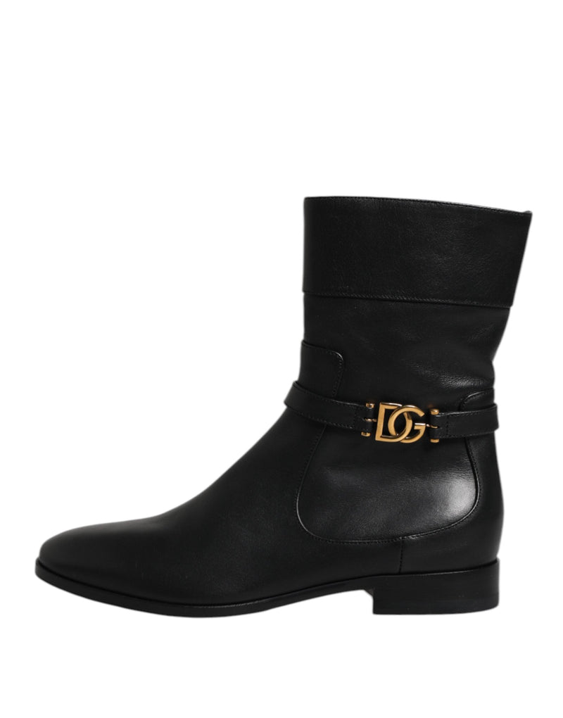 Black Leather Flats Logo Short Boots Shoes Dolce & Gabbana