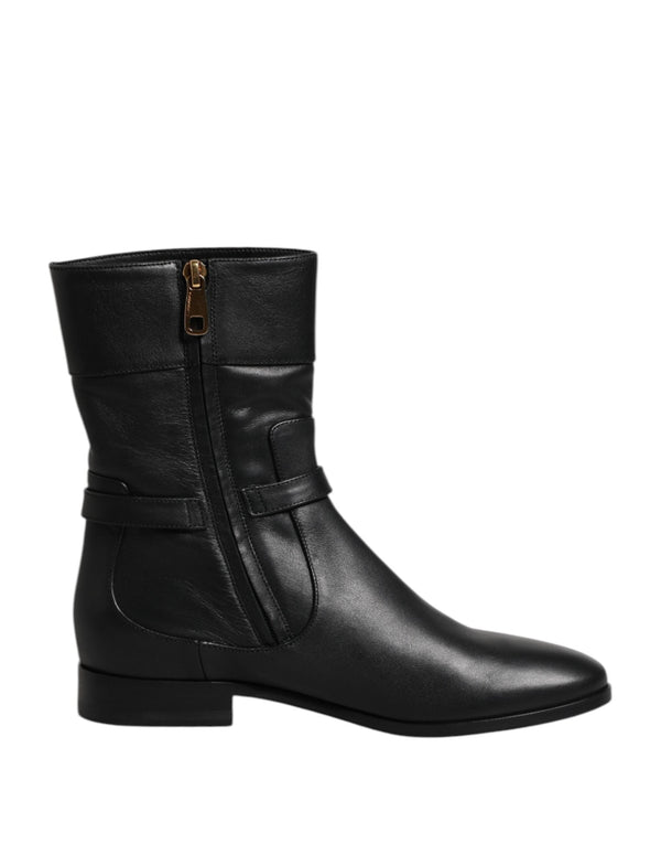 Black Leather Flats Logo Short Boots Shoes Dolce & Gabbana