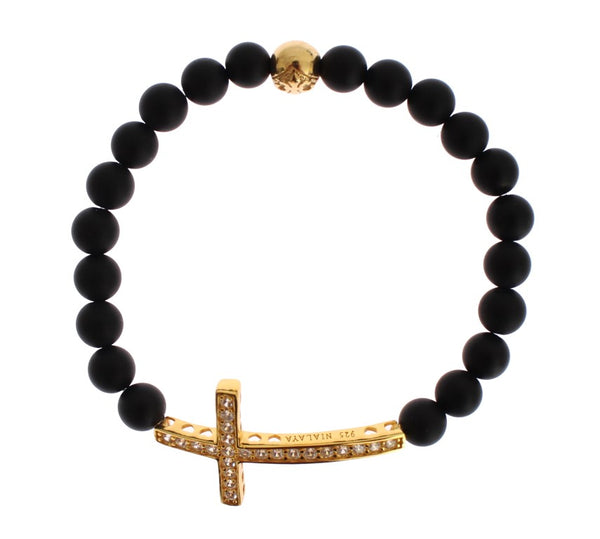 Chic Matte Onyx Bead & CZ Diamond Cross Bracelet Nialaya