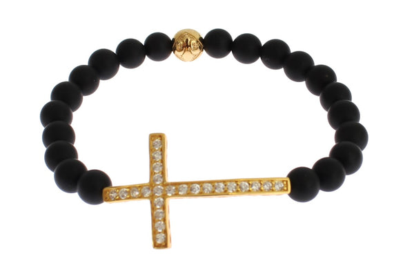 Chic Matte Onyx Bead & CZ Diamond Cross Bracelet Nialaya