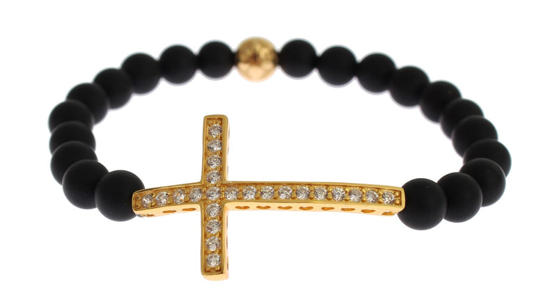 Chic Matte Onyx Bead & CZ Diamond Cross Bracelet Nialaya