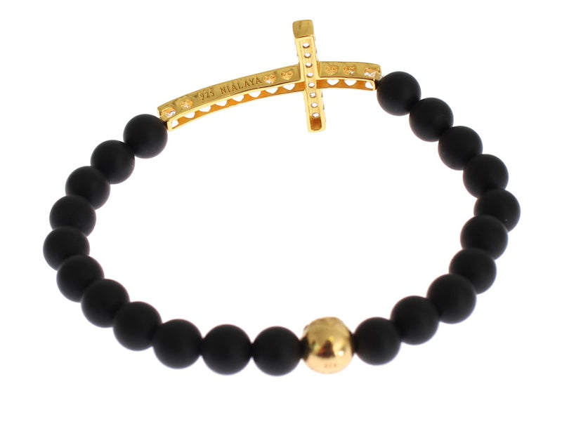 Chic Matte Onyx Bead & CZ Diamond Cross Bracelet Nialaya