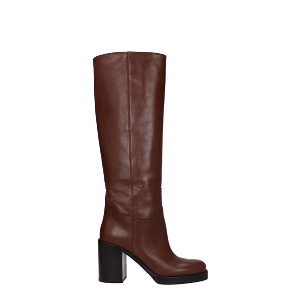 Brown Leather High Heel Boots Prada