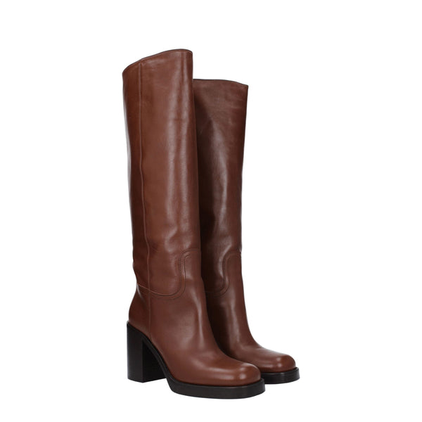 Brown Leather High Heel Boots Prada