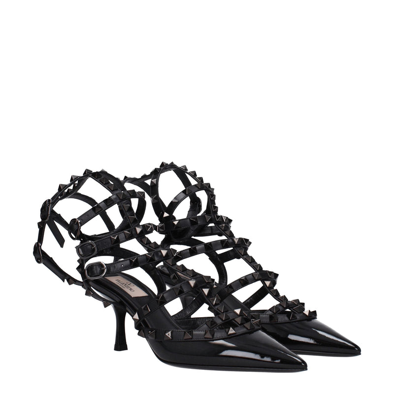 Black Leather Stiletto Heels Sandals Valentino Garavani