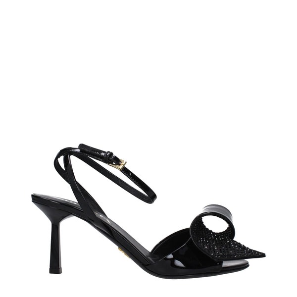 Black Leather Stiletto Heels Sandals Prada