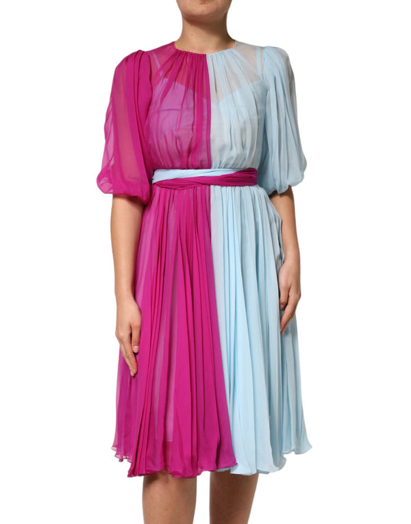 Fuchsia Light Blue Silk Two Tone Midi Dress Dolce & Gabbana
