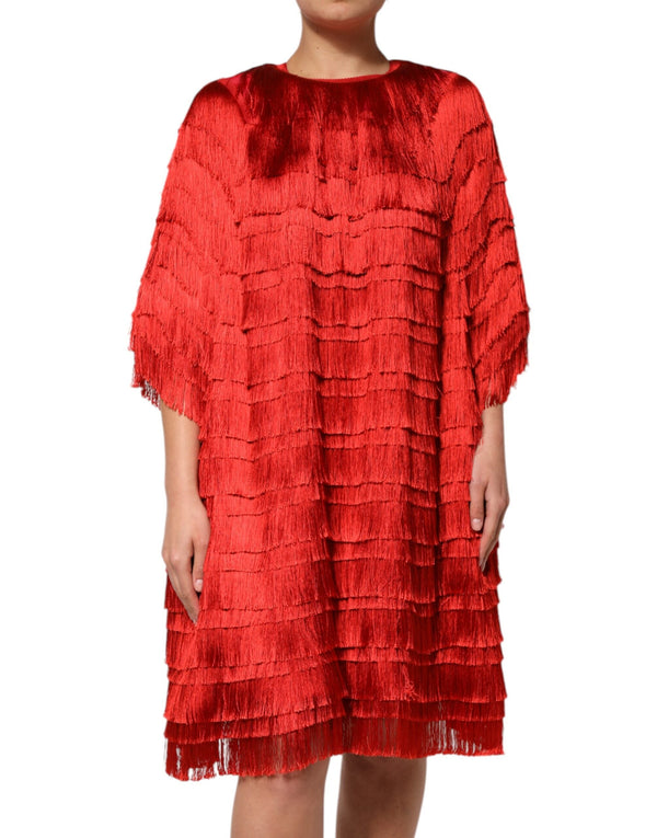 Red Silk Tiers Fringe Shift Knee Length Dress Dolce & Gabbana