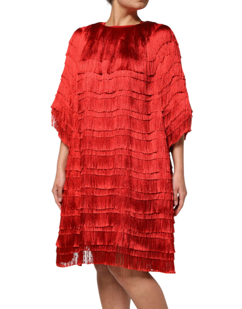 Red Silk Tiers Fringe Shift Knee Length Dress Dolce & Gabbana