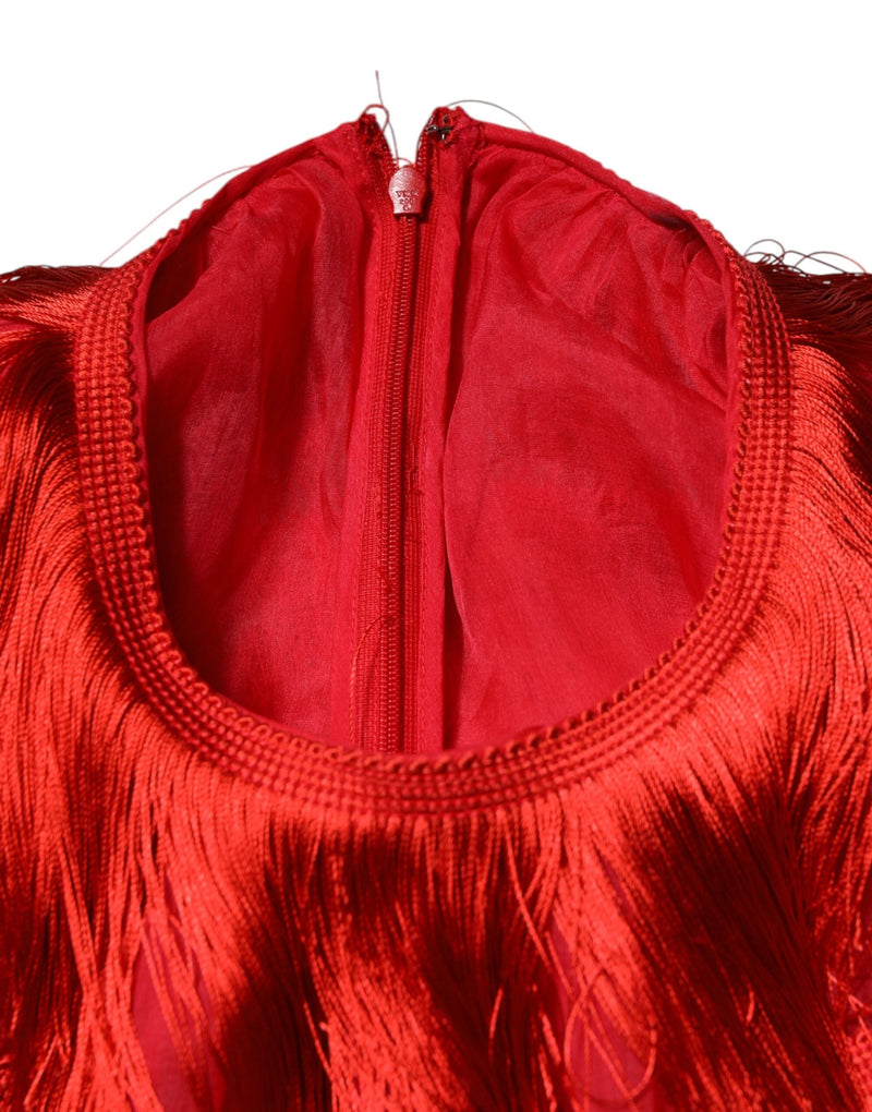 Red Silk Tiers Fringe Shift Knee Length Dress Dolce & Gabbana