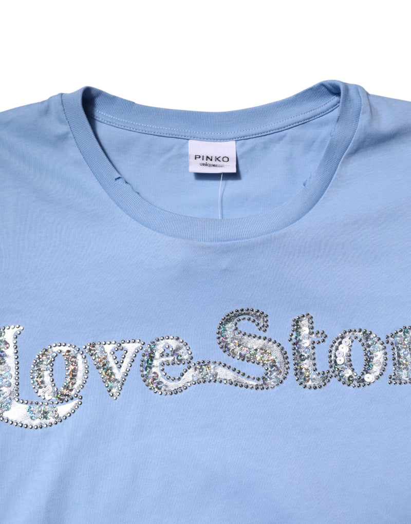 Blue Love Story Sequined Embellished Short Sleeves T-shirt PINKO