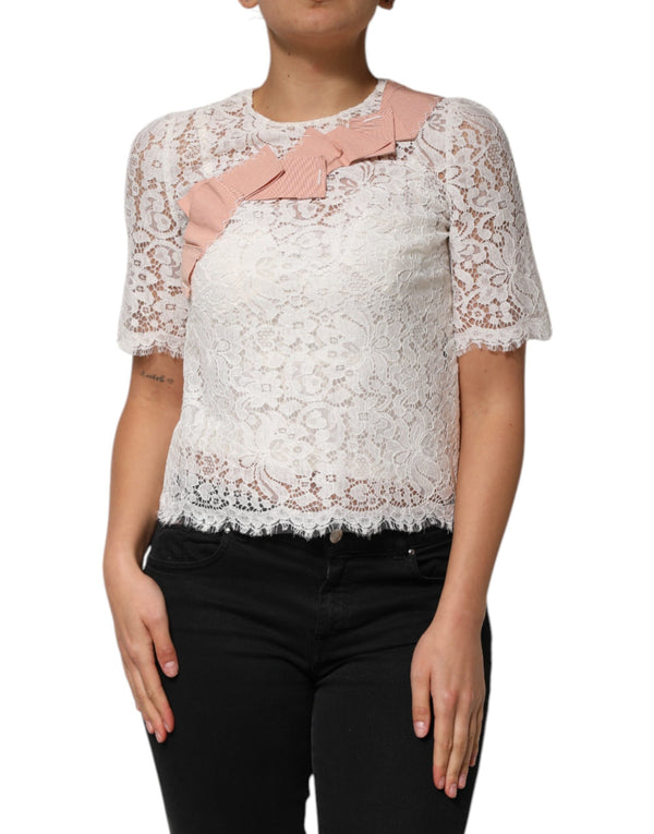 White Floral Lace Short Sleeves Blouse Top Dolce & Gabbana