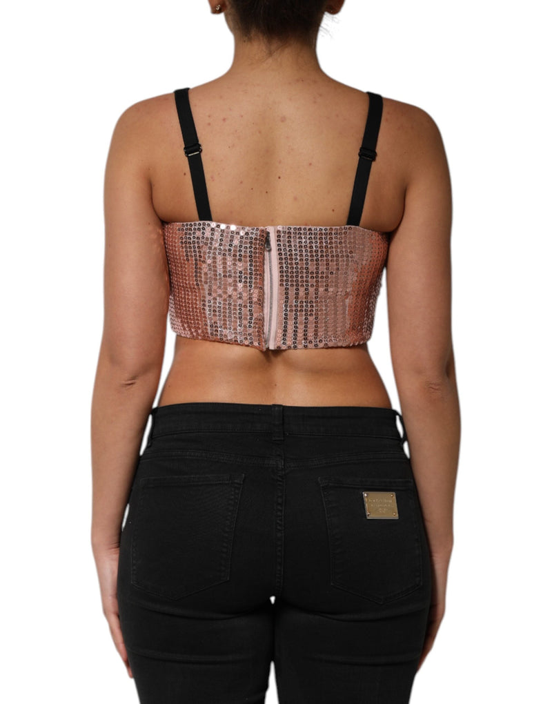 Pink Sequined Nylon Sleeveless Cropped Top Dolce & Gabbana