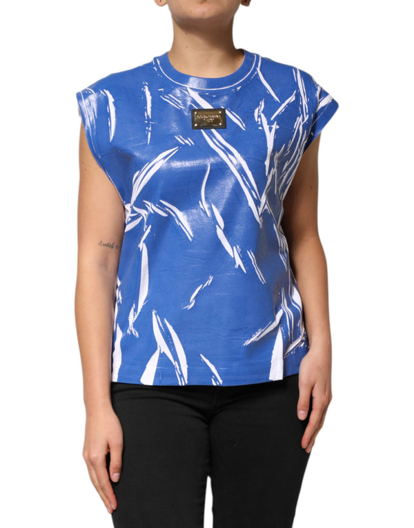 Blue White Cotton Logo Plaque Women Tank Top Dolce & Gabbana