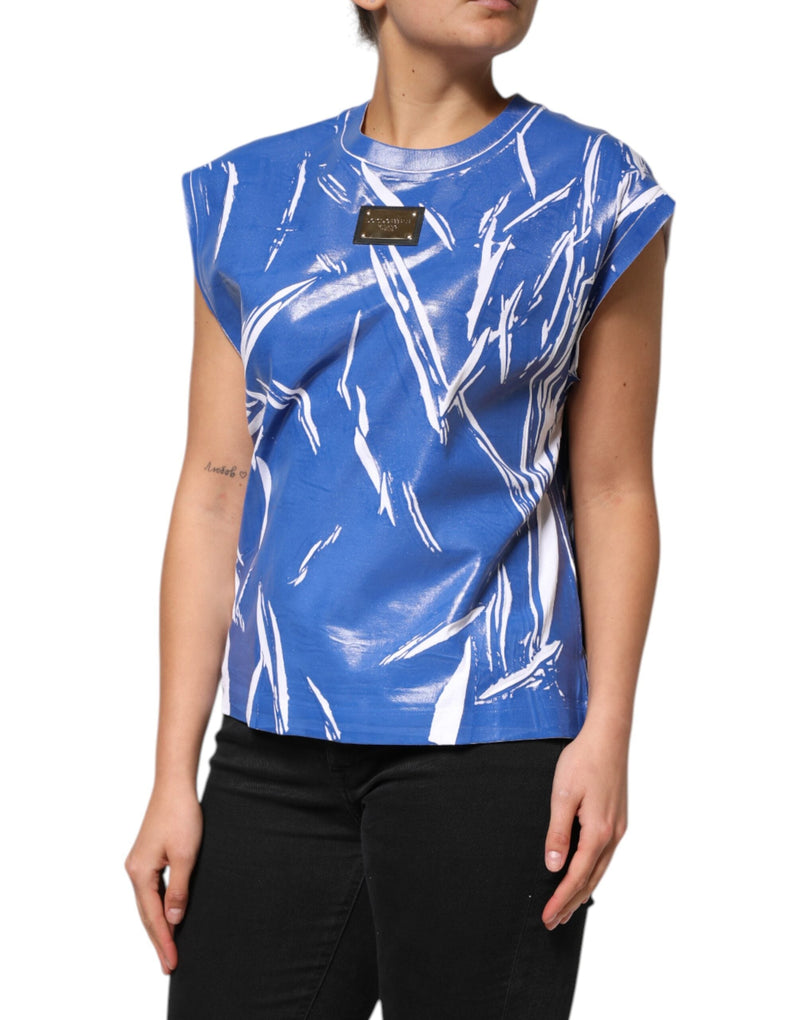 Blue White Cotton Logo Plaque Women Tank Top Dolce & Gabbana