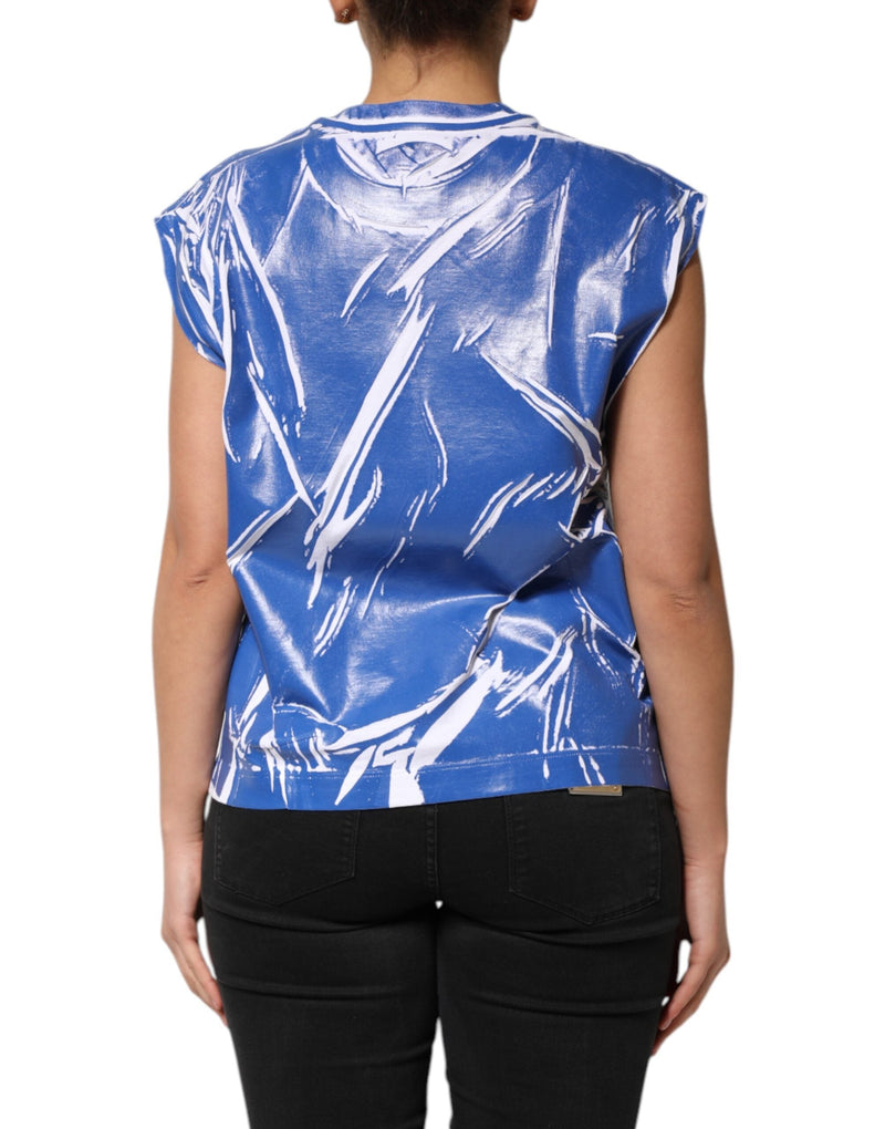 Blue White Cotton Logo Plaque Women Tank Top Dolce & Gabbana