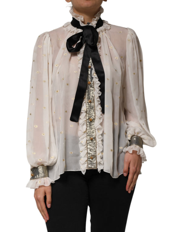 White Black Silk Long Sleeve Ascot Collar Top Dolce & Gabbana