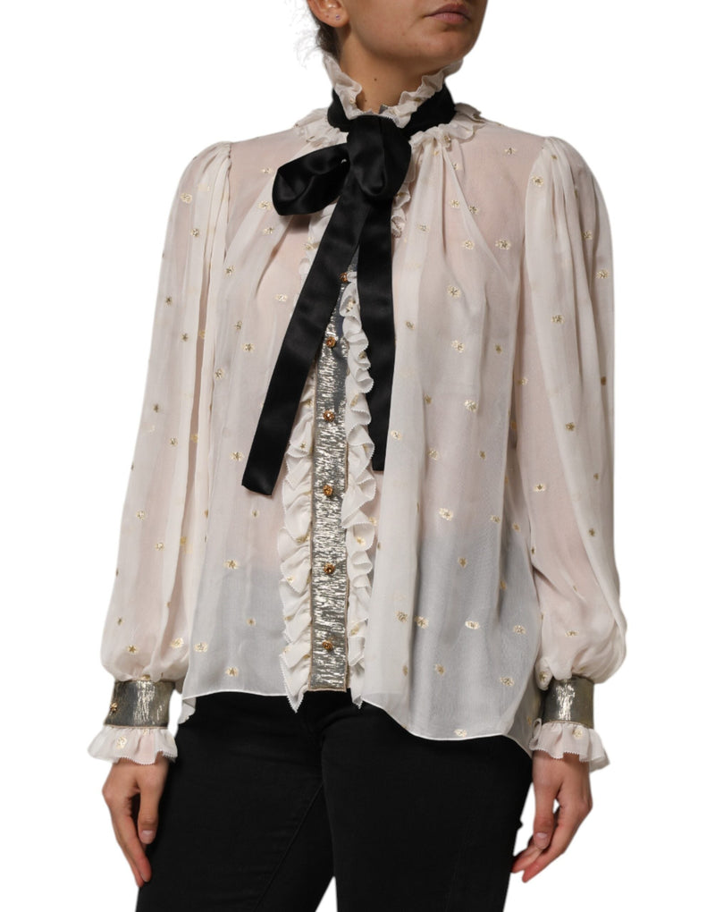 White Black Silk Long Sleeve Ascot Collar Top Dolce & Gabbana