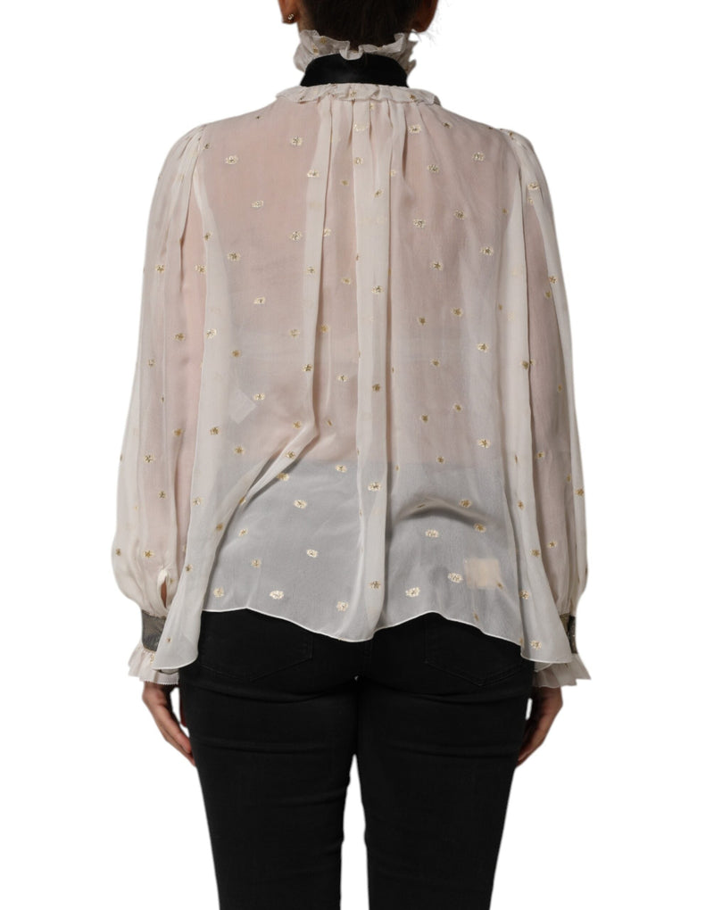 White Black Silk Long Sleeve Ascot Collar Top Dolce & Gabbana