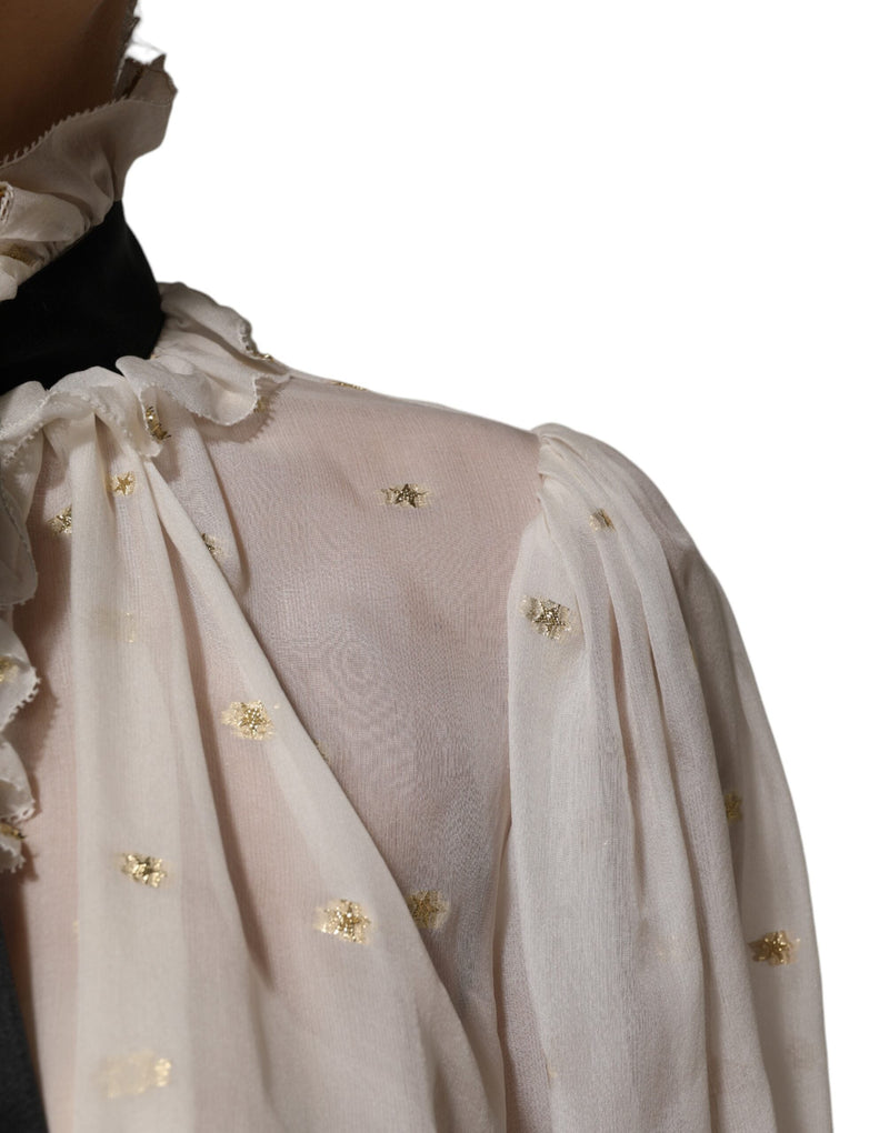 White Black Silk Long Sleeve Ascot Collar Top Dolce & Gabbana