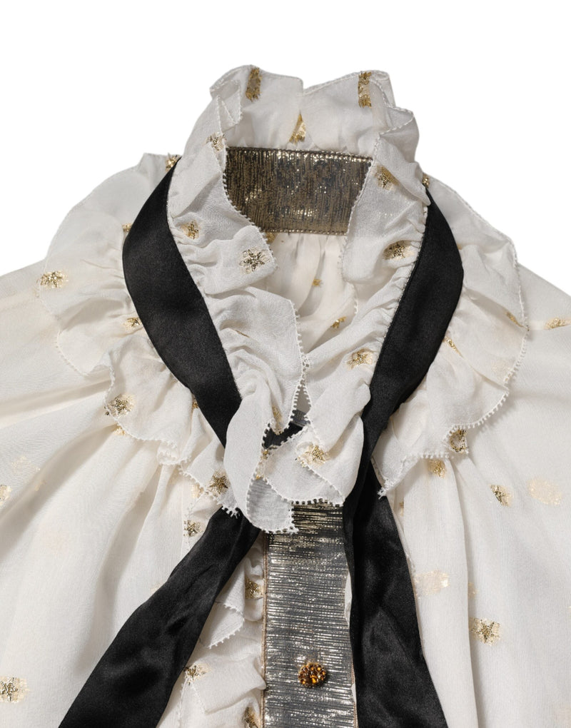 White Black Silk Long Sleeve Ascot Collar Top Dolce & Gabbana