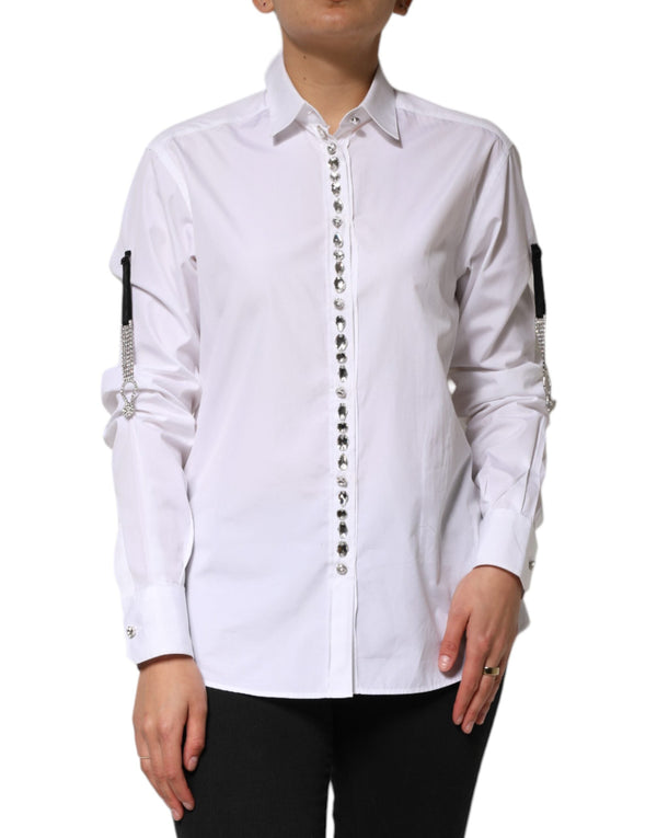 White Crystal Embellished Collared Shirt Top Dolce & Gabbana