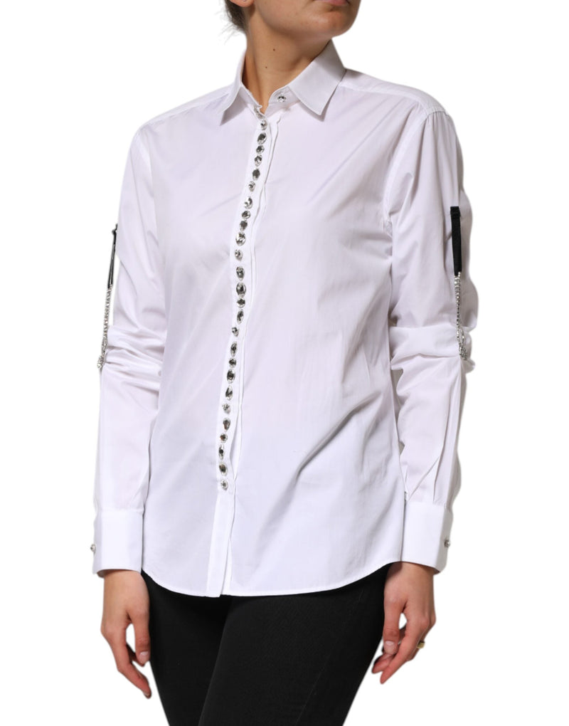 White Crystal Embellished Collared Shirt Top Dolce & Gabbana