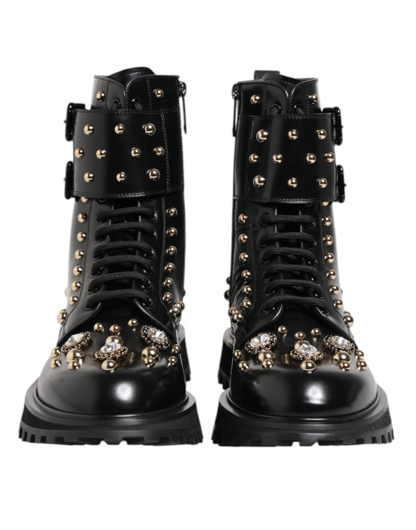 Black Studded Lace Up Mid Calf Boots Shoes Dolce & Gabbana