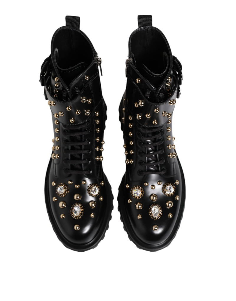 Black Studded Lace Up Mid Calf Boots Shoes Dolce & Gabbana