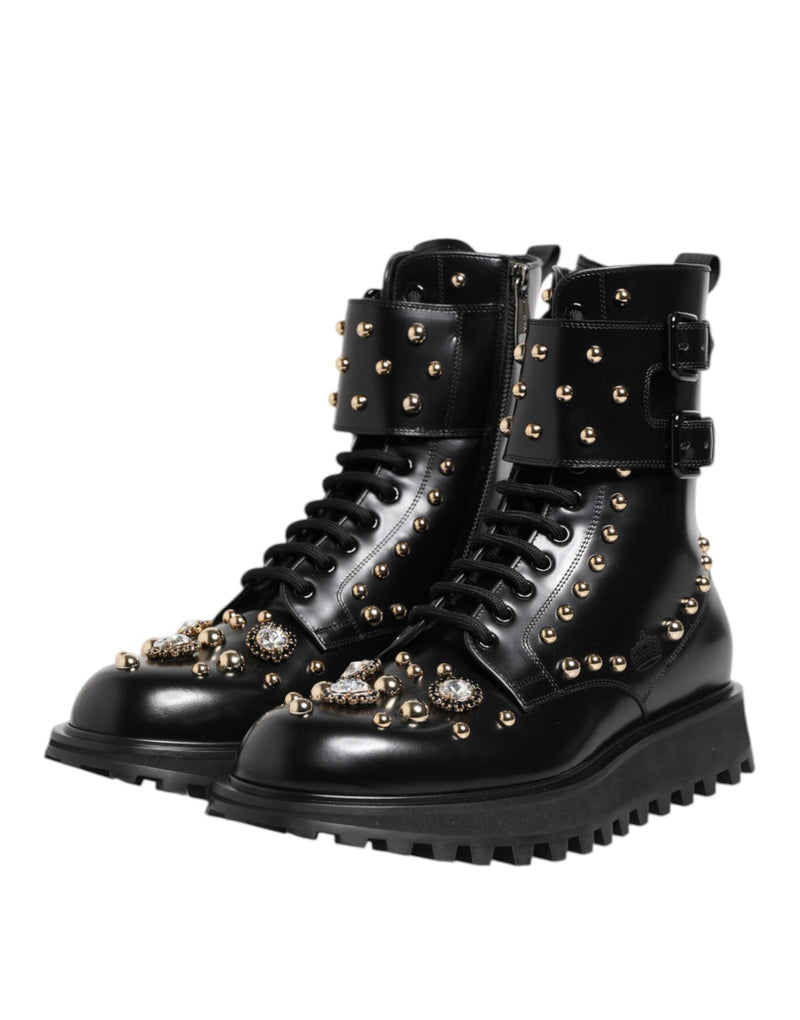 Black Studded Lace Up Mid Calf Boots Shoes Dolce & Gabbana
