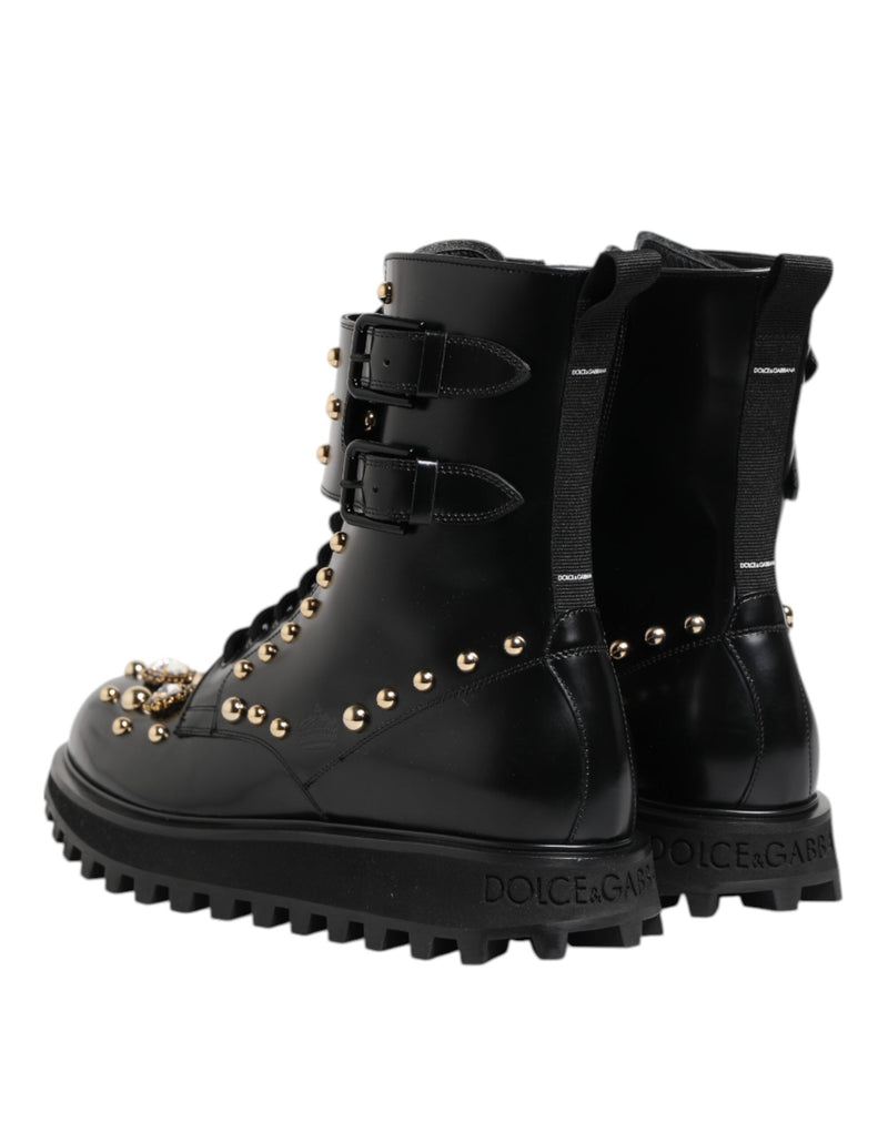 Black Studded Lace Up Mid Calf Boots Shoes Dolce & Gabbana