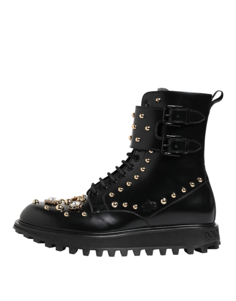 Black Studded Lace Up Mid Calf Boots Shoes Dolce & Gabbana